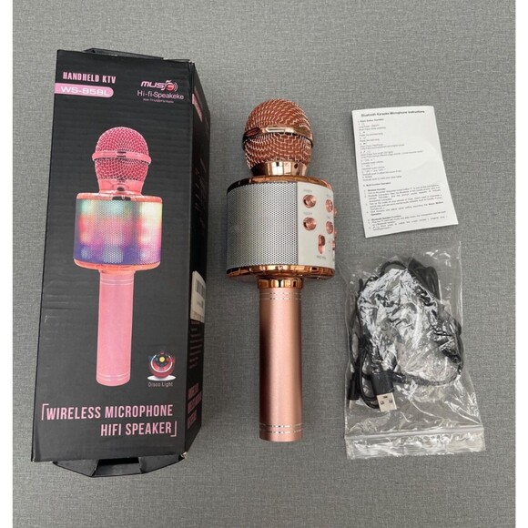 WS-858LKaraokeMicrophone Wireless Bluetooth LED Lights Gold Handheld KTV Speaker - Picture 1 of 8